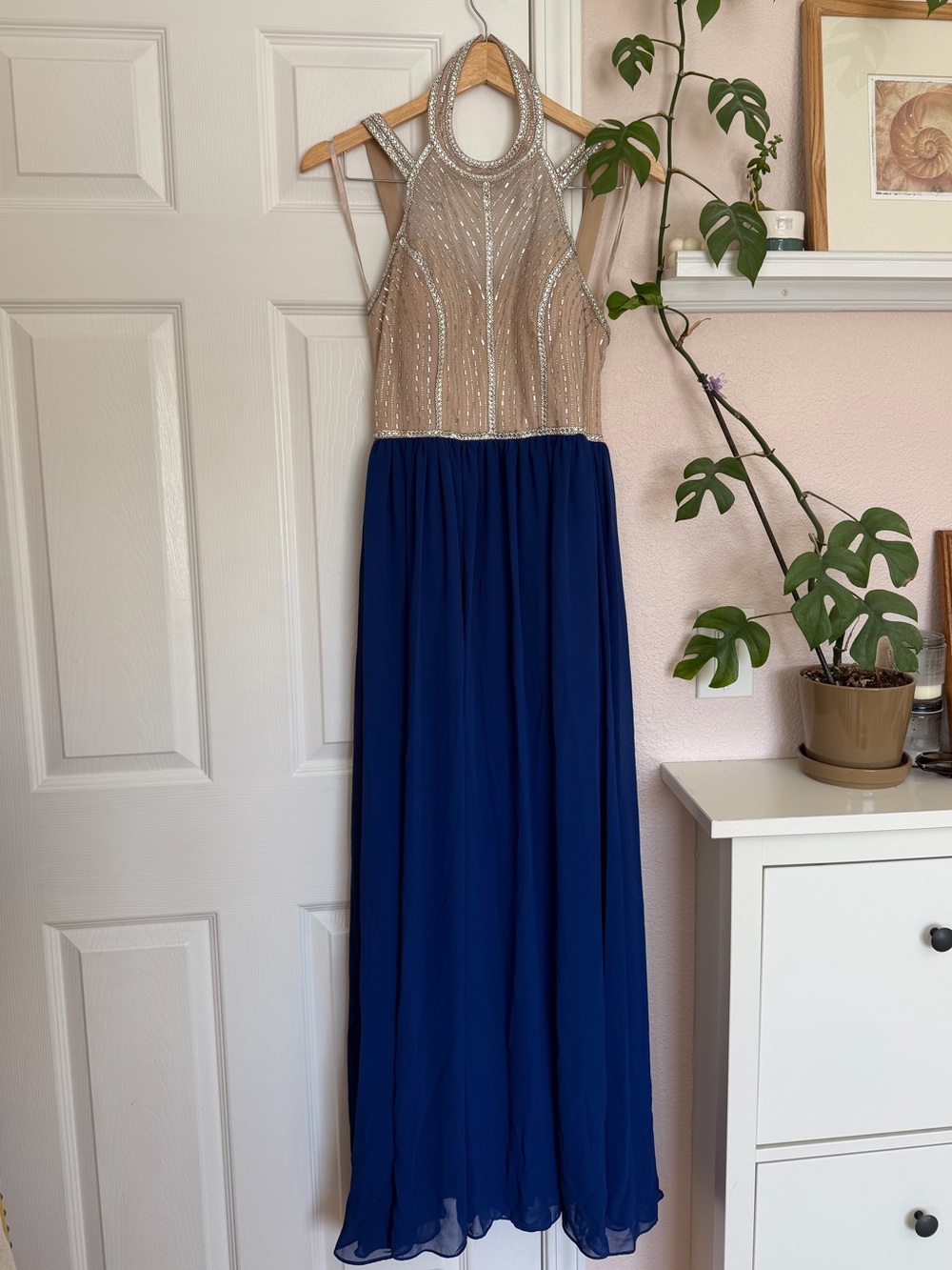 Royal blue and bedazzle bodice prom dress